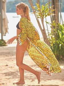 Traje de baño de mujer Bikini Cubrir Gasa Playa Kimono Mujeres Leopardo Impreso Capa larga para traje de baño Túnica Ropa de verano Suministro de fábrica