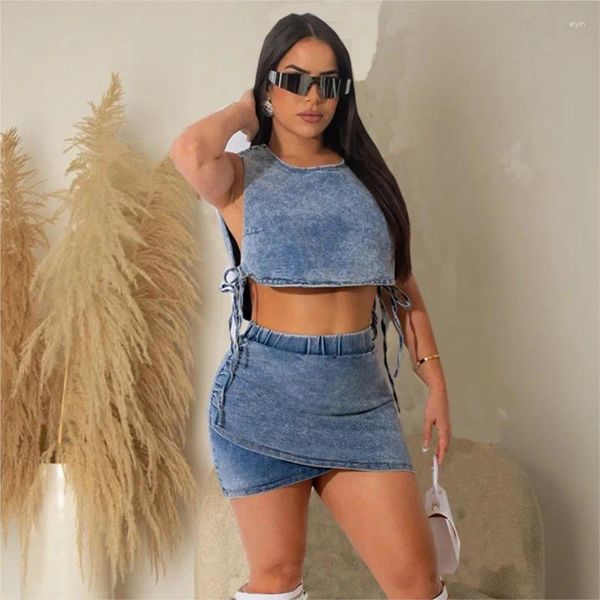 Traje de baño para mujer Bikini Cover Up Mujeres Traje de baño para vestido Playa Tank Top Falda corta Elástico Dos piezas Sexy Denim Sólido Spandex Pareos Gratis