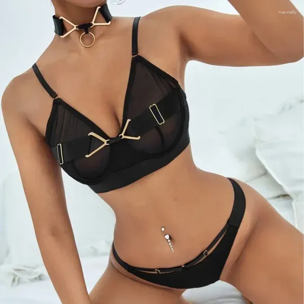 Bikini de maillots de bain pour femmes Lingerie sexy lingerie Set Mesh Centing Underwear Metal Accessoires avec licou haut de gamme