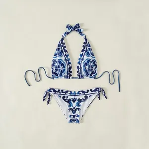 Damesbadmode bikiniset blauw en wit aardewerk print dames strandbadpak sexy split tweedelige zomerbadkleding