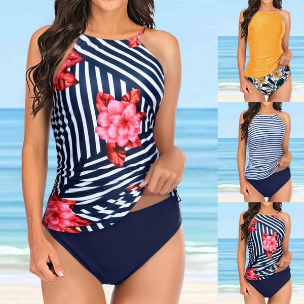 Traje de baño para mujer, conjunto de Bikini con sujetador, traje de baño ajustado para mujer, ropa de playa deportiva con estampado alto, piezas de cuello, traje de baño Bandeau Vintage para playa, vendaje dos