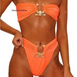 Dames Badmode Bikini Set Designer Luxe Metalen Accessoires Vrouwelijk Pailletten Dames Sexy strings Effen Kleur Tube Top Badpak tankini badpakken pak