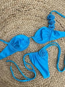 Dames badkleding bikini set sexy 3d bloemen blauw push omhoog 2024 vrouwen gerimpelde onderbreed micro -string badpak badpak mujer