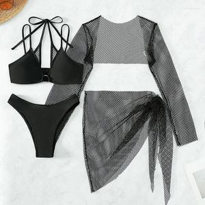 Bikini de maillots de bain pour femmes Ensemble sexy noir 4 pièces Micro Thong 2024 Femmes de maillot de bain licou à filet avec une couverture en maille.