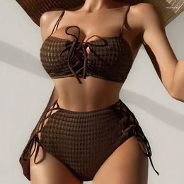 Women's Swimwear Bikini Set Sexy Brown Bandeau For Women 2024 High Waist Swimsuit String Cross Lace-up Bathing Suit Ruched Bikinis Swim