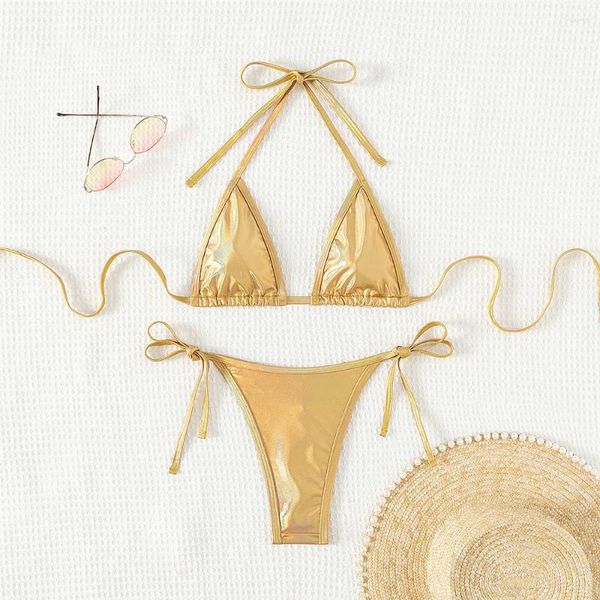 Bikini de maillots de bain féminin ensemble Sexy Diamond Micro Gold Gold Shiny Swimsuit Femmes String Halter Triangle 2024 Bathing Charile Bather