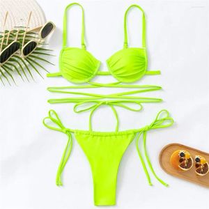 Dames badmode bikini set sexy neon groen push up micro thong bikinis dames dames touw kruis vazen pakken baden mini biquinis