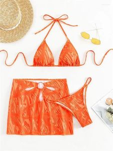 Bikini de maillots de bain pour femmes Ensemble sexy imprimé orange imprimé 3 pièces micro licou mini-string string de maillot de bain avec jupes biquinis beachwear