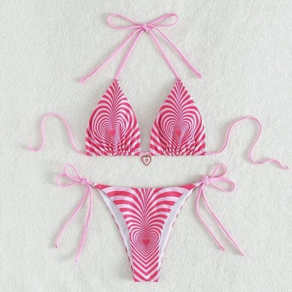 Bikini de maillots de bain pour femmes Ensemble sexy rose à rayures rose micro-string licou maillot de bain pour femmes en maillot de bain mini triangle mujer