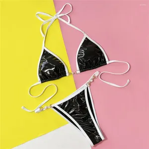Bikini de maillots de bain pour femmes Ensemble sexy PU FAUX CUIUir noir micro-string Women 2024 String Halter Mini Swimsuit Triangle Bikinis Suite de baignade