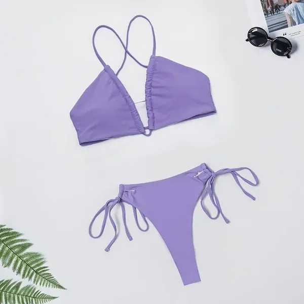 Bikini de maillots de bain féminin ensemble sexy purple purple bandeaus cordon à lacets mirofle de maillot de bain de baignade