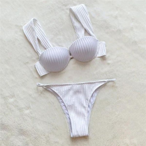 Bikini de maillots de bain féminin Ensemble sexy blanc côtelé blanc push up women micro thong 2024 sous-ligne de maillot de bain sous-ligne de maillot de bain Brésilien Mujer