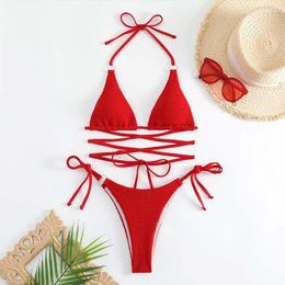 Dames badkleding bikini set sexy wijn rode halter micro string mujer touw kruis veter mini zwempakken vrouwen baden zwempak slijtage