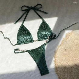 Ensemble de bikini de maillots de bain pour femmes avec une fausse perle décoration léopard imprime-t-lic halter perles pour femmes sexy de la plage de bains