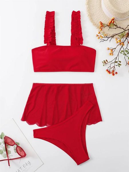 Bikini de maillots de bain féminin ensembles de bobinage à sangle à frileau rouge 3 pièces avec jupe femme 2024 Suite de baignade de vêtements de plage pour femmes