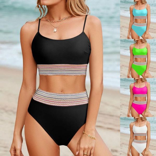 Traje de baño para mujer Conjuntos de bikini Traje de baño de talle alto de 2 piezas Cuello redondo Correas espaguetis ajustables Traje de baño Sujetadores de natación para mujer