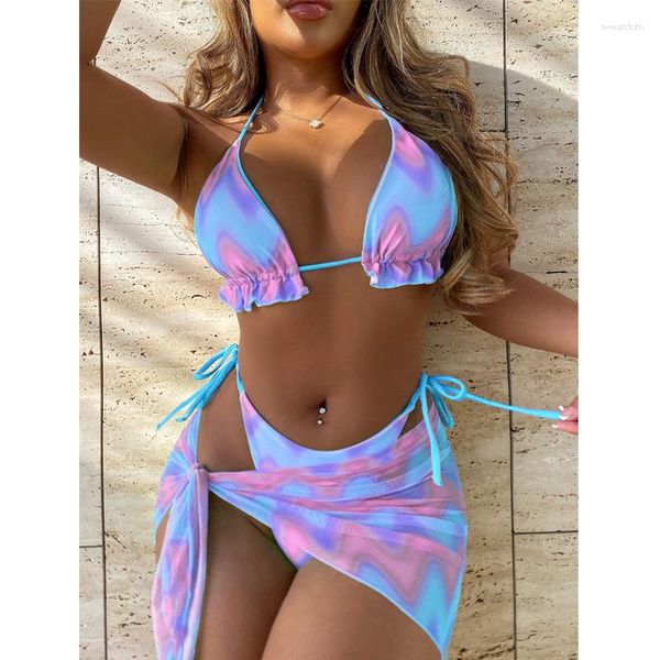 Maillots de bain pour femmes Bikini Sexy Ladies 2023 Rose Bleu Trois Pièces Maillot De Bain Bandage Maillot De Bain Femmes Beach Wear Taille Basse Tankini Ensemble De Bain