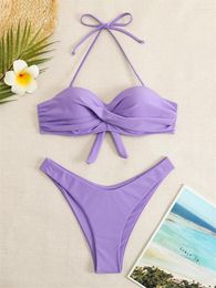 Dames Badmode Bikini Sexy Dames Badpak 2024 Effen Halter Bikini Set String Ruches Lave Up Badpak Zomer Strand Vrouwelijke Slijtage