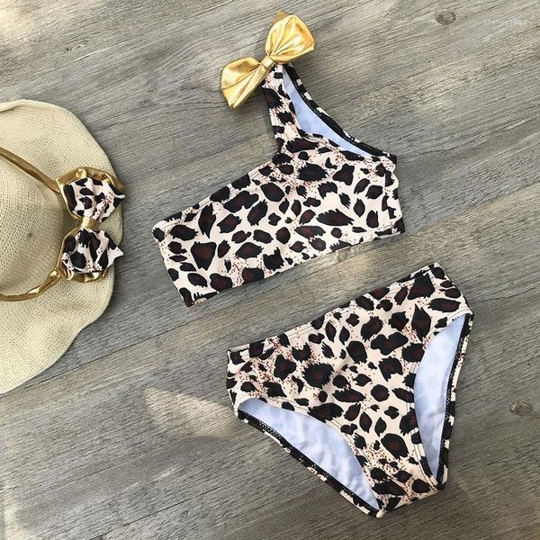 Traje de baño para mujer, Bikini, traje de baño para niñas, traje de baño de leopardo para niñas, ropa de playa para niños de dos piezas para chico de un hombro