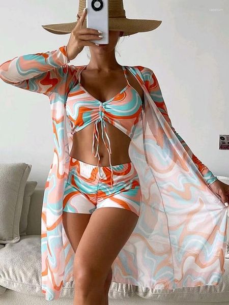 Traje de baño para mujer, Bikini, traje de baño dividido, traje de tres piezas, cintura alta, manga larga, blusa Ins, protector solar en línea, celebridad