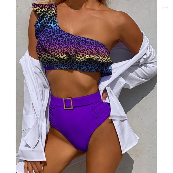 Traje de baño para mujer Bikini Mujeres Traje de baño 2023 Sólido Ruffle Bikinis Set Sexy Cintura alta Un hombro Verano Playa Traje de baño Mujer