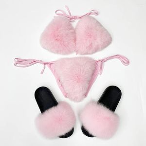 Bikinis de maillots de bain féminin 2024 Femme Real Fur Slide Bikini Set Pink Sexy Luxury 2 pièces Femmes Summer Summer