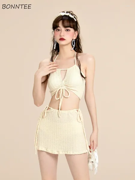 Maillots de bain pour femmes Bikinis Ensembles pour femmes Solid Lace-Up Design Jeunes étudiants Beach Style Ulzzang Été Baignade Mode Girlish