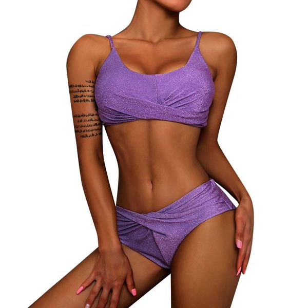 Traje de baño para mujer Bikinis Bikini para mujer Traje de baño dividido de cintura alta Ropa de playa de dos piezas Lurex Ladies Purple Trajes de baño Tankinis Sexy