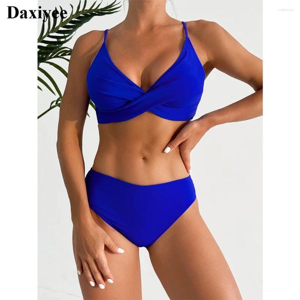 Bikinis de maillots de bain pour femmes Swimsuit à taille haute 2024 Criss Cross Pleed Bikini Set Solid Beach Wear Poss Bathing Push Up Mujer