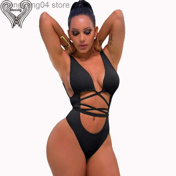 Maillots de bain pour femmes Bkning Sexy String Maillot de bain Trikinis One Piece Maillot de bain Femmes Push Up Maillots de bain 2022 Plunge Natation Noir Femme Monokini T230606