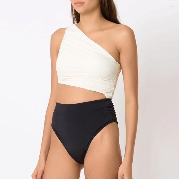 Maillot de bain femme noir blanc bloc de couleur une épaule maillot de bain une pièce mode évider Bikinis femmes maillot de bain maillots de bain mince