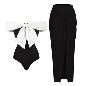 Women's Swimwear Black And White Colorblocked One-shoulder Bikini Slim Fit Open-back Bow Design Swimsuit Women Elegant Straps Cover up 230707