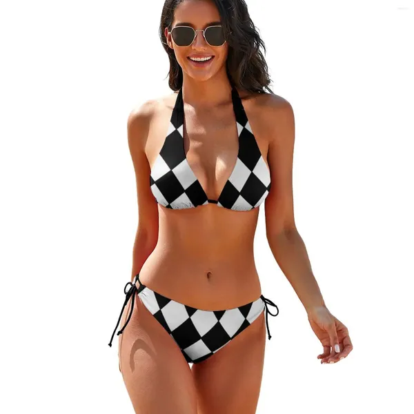 Bikini à plaid en noir et blanc pour femmes Ensemble de bikini de maillot de bain à imprimé vintage sexy