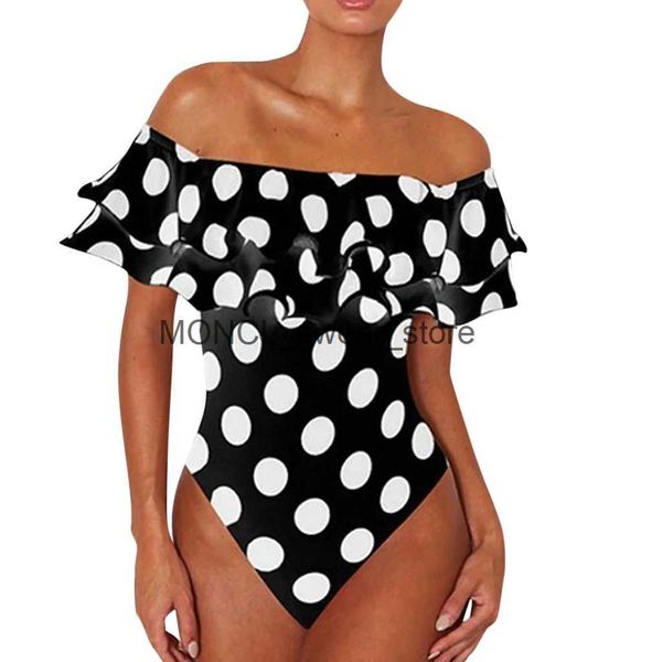 Traje de baño para mujer Trajes de baño de una pieza con volantes de lunares en blanco y negro Traje de baño sexy push up Body Girl Beach Monokini sin espaldaH24222