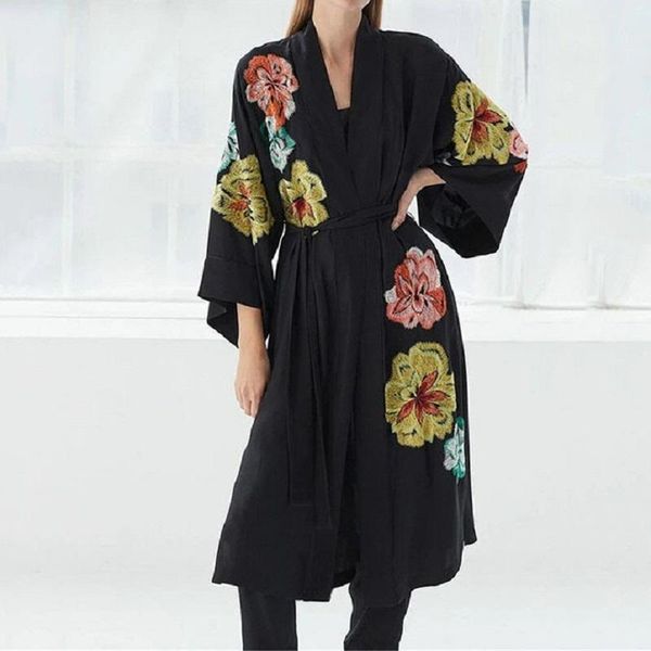 Traje de baño para mujer, Bikini bordado negro, vestido tipo Kimono largo con cinturón propio, vestido de playa, ropa de verano para mujer, traje de baño para mujer