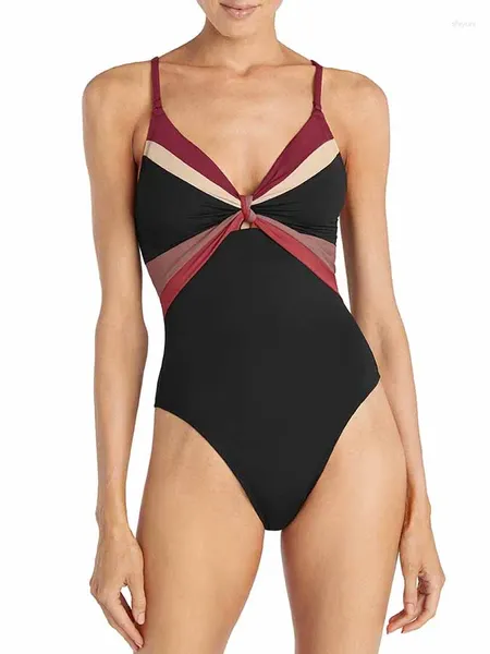 Traje de baño para mujer Moda negra Misterio Bikini de una pieza Bloque de color Empalme Diseño halter Busto Cuello en V profundo Arco Abrigo Cuerpo ajustado