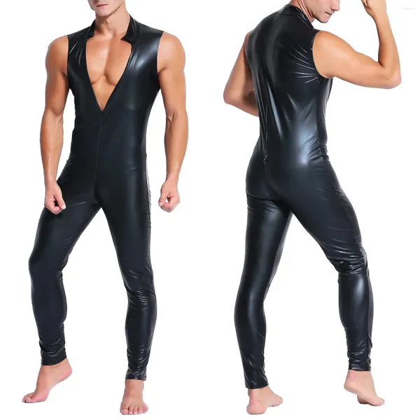 Maillots de bain pour femmes Noir Hommes Élastique Body-Serré Body Col Haut Sans Manches Fermeture À Glissière Moulante Extensible Performance Combinaison Rave Party