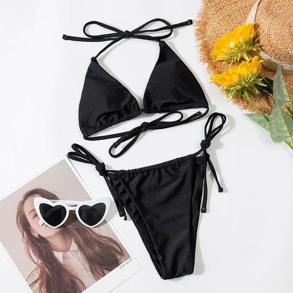 Swimwear Women Black Micro Bikini 2024 Triangle brésilien Triangle rembourré de maillot de bain Femme deux pièces Bathing Feme Summer plage