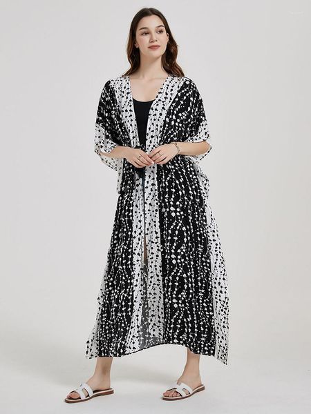 Damen-Badebekleidung, schwarzer bedruckter Kimono, Überzug, elegantes Maxikleid, vorne offen, verstellbarer Gürtel, Rayon, Tunika, Kaftan, Badeanzug, Überzug, Sarong