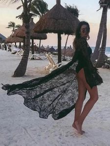 Maillots de bain pour femmes Noir Sexy Mesh Détendu Brodé Kimono Cardigan Tunique Longue Robe De Plage Femmes Nager Cover Up Q516