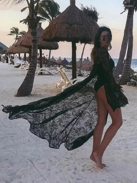 Traje de baño para mujer Negro Sexy Malla Relajada Bordada Kimono Cardigan Túnica Vestido largo de playa Mujeres Nadar Cubrir Q516