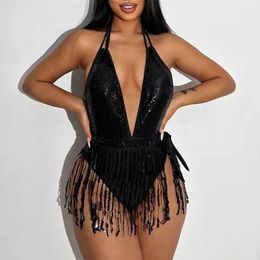 Swimwwear pour femmes Black Shiny Tassel One Piece Swimsuit For Women 2024 Sexy V-Neck Bikini Soids Backless Summer Beach Vacation