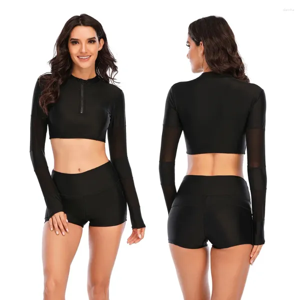 Swimwear Women Black Solid Modest Modest Muselim Swimsuit Femme 2 pièces surf Zipper à manches longues Rushguard UV Protection Tankini Beach Trunks