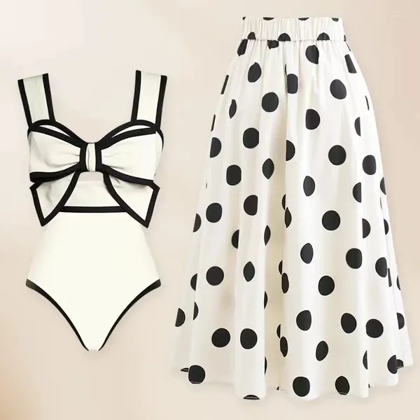 Maillots de bain pour femmes Noir Blanc Patchwork Beach Jupe Maillot de bain pour femmes One Piece Bikini Polka Dot Impression Taille haute Conservateur Baignade