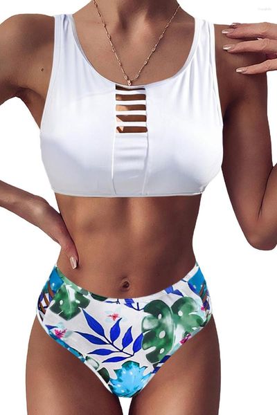 Traje de baño azul de 2 uds para mujer, conjunto de Bikini de cintura alta calado con estampado Floral, traje de baño para mujer, Top corto sin mangas Sexy de verano, bragas Simwear