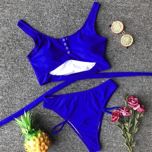 Swimwear de mujer Bikini Azul Bikini de la cintura Alta del traje de baño VENDAJE DE MUJERES DE MUJERES DE MUJERES DE MUJERES DE DOS PIEZAS