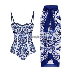 Dameszwemkleding Blauwe bikini Bedrukte mode Eendelig badpak en bedekken met rok Strakke damesbandage Zomerstrand Luxe elegant J230603