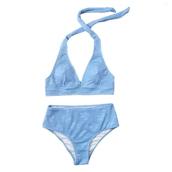 Swimwear Women Blue High Taist Special Fabric en relief Sexe Sanging Sangle Sangle de maillot de bain Bikini Womens Plus Taille