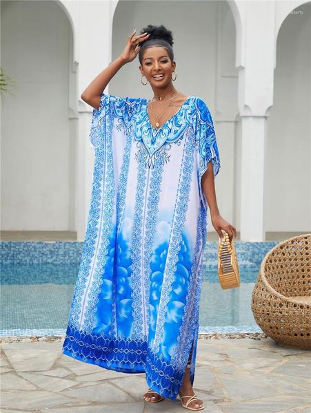 Traje De baño De mujer azul Kaftan Beach Cover Up verano mujer ropa De playa túnica De algodón De gran tamaño Bikini Cover-ups Robe De Plage Sarong