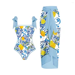 Swimwwear Women Blue One Piece Swimsuit Fashion Lemon Flower Print Bikinis Swimming Siuts Laçage up 2024 Vacation Beach Outfits